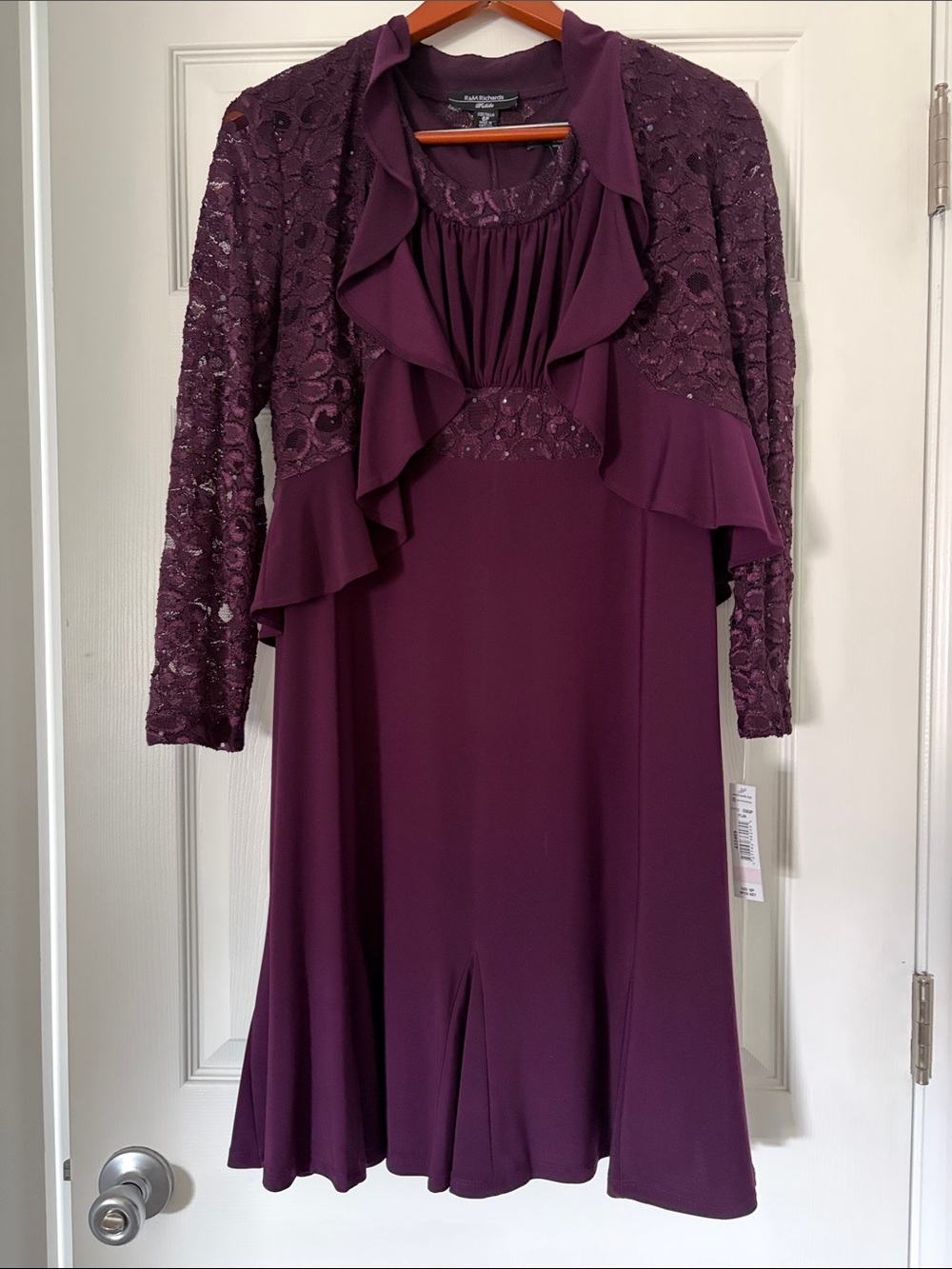 R&M Richards Plum Lace Ruffle Cocktail Dress